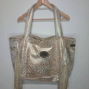 Keep It Gypsy Leopard Print Horse Hair XL  Tote Bag Gold Handles Excellent!